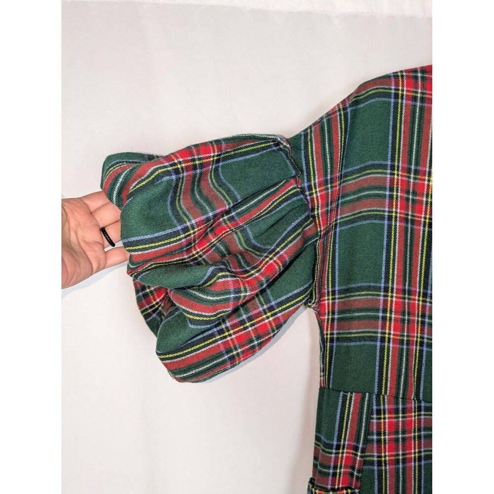 Women's Dress S Green Tartan Check Short Balloon Sleeve Button Down Shirt Dress - Picture 2 of 8